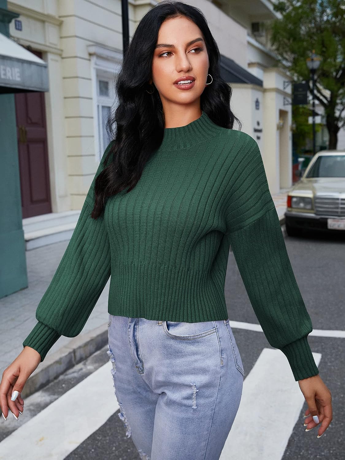 ZAFUL Women's Mock Neck Sweater Long Sleeve Ribbed Knit Basic Cropped Pullover Sweater