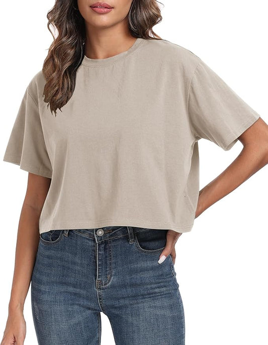 PRIMODA Women's Oversized Workout Cropped T Shirts Crew Neck Short Sleeve Casual Loose Summer Crop Tee Tops Cotton
