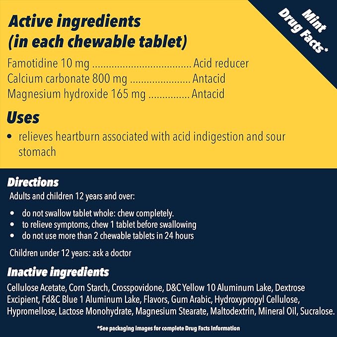 Pepcid Complete Acid Reducer  Antacid Chewables, 10mg Famotidine, 800mg Calcium Carbonate  165mg Magnesium Hydroxide per Heartburn Medicine Tablet, Antacid Chews, Mint, 50 ct