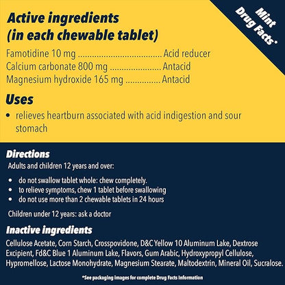 Pepcid Complete Acid Reducer  Antacid Chewables, 10mg Famotidine, 800mg Calcium Carbonate  165mg Magnesium Hydroxide per Heartburn Medicine Tablet, Antacid Chews, Mint, 50 ct