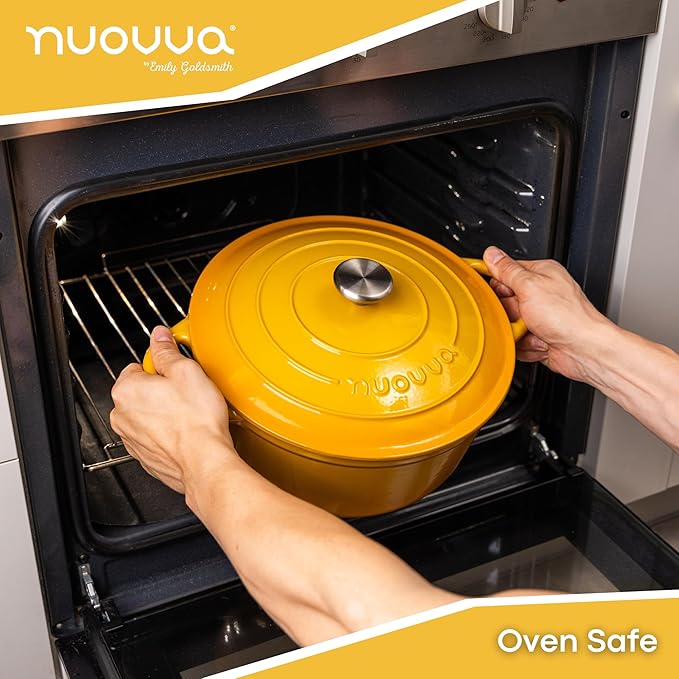 Nuovva Enamelled Cast Iron Dutch Oven Pot with Lid 6.4 Quart Non Stick Casserole Pot – Heavy Duty & Oven Safe up to 500° F for Bread Baking, Braising, Stews, Roasting – 28cm Yellow https://a.co/d/dvc0lyb