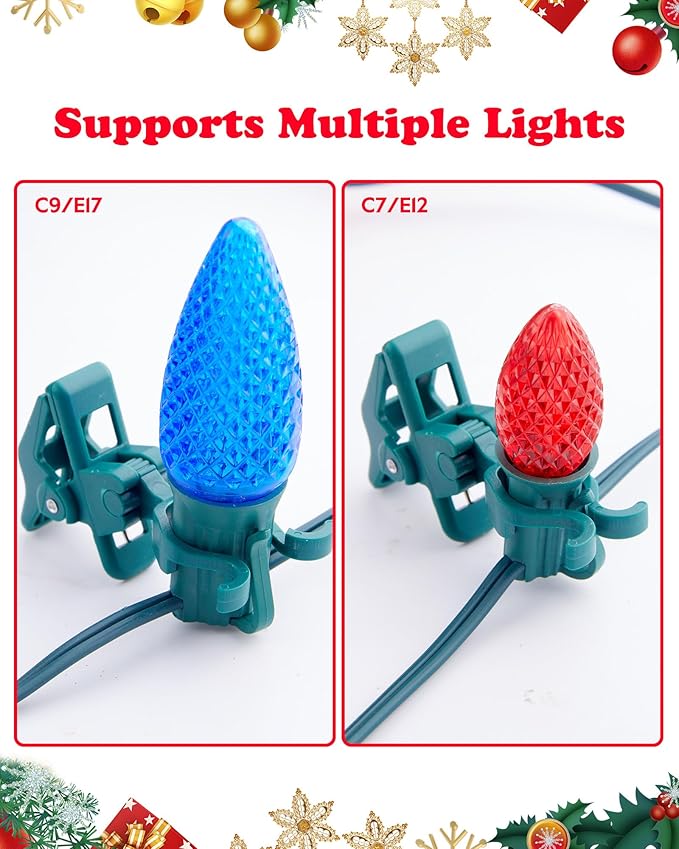 Minetom C7 C9 Christmas Light Clips Outdoor, 50 Count Universal Quick Christmas Light Spring Clips for Outside Roof Gutter Shingle Fence E12 E17 Base