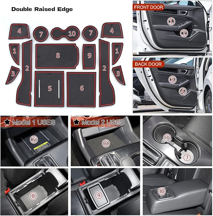 Car Door Pocket Liners for Honda Civic Accessories 2022, Premium Groove Mats Liners, Custom Fit Cup Holder, Center Console, and Door Pockets Inserts Kit - 15 PCS Set, Red Trim