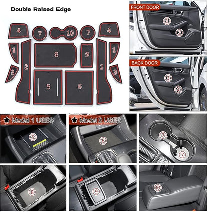 Car Door Pocket Liners for Honda Civic Accessories 2022, Premium Groove Mats Liners, Custom Fit Cup Holder, Center Console, and Door Pockets Inserts Kit - 15 PCS Set, Red Trim