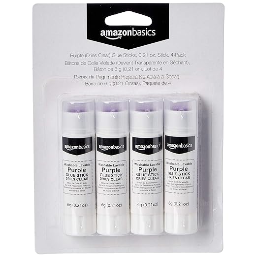 Basics Purple Washable School Glue Sticks, Dries Clear, 0.21 oz Stick, 4-Pack