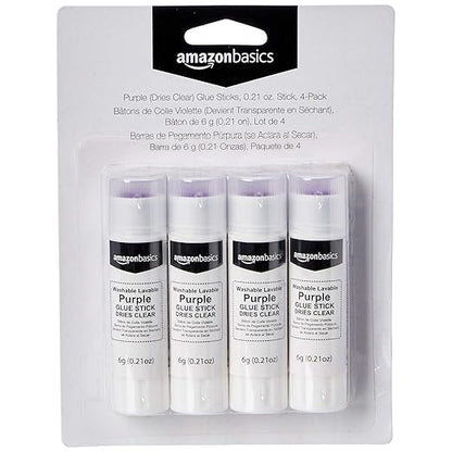 Basics Purple Washable School Glue Sticks, Dries Clear, 0.21 oz Stick, 4-Pack