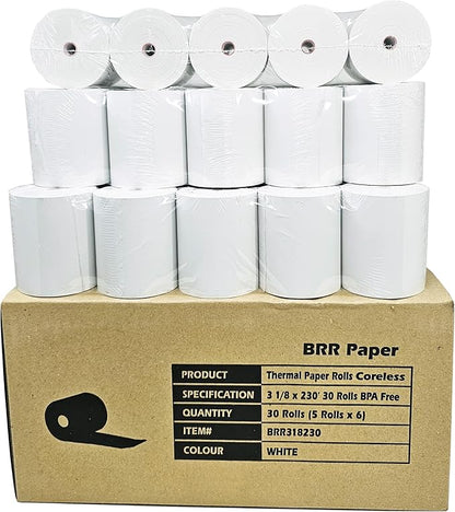 (30 Coreless Rolls - 50 GSM) 3 18 x 230 Thermal Paper Receipt Rolls fits all Clover POS Cash Register Printers for TSP500 TSP600 TSP 700 TSP2000 CT S300 from BuyRegisterRolls