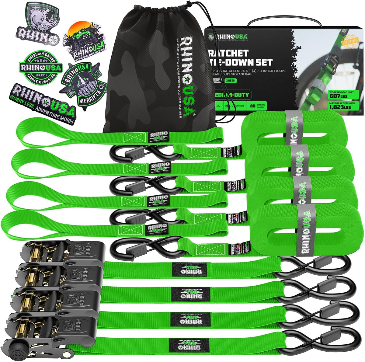 Rhino USA Ratchet Straps Tie Downs (4-Pack) - 1 Inch x 15 Feet (1,823lb Break Strength) - Ultimate Tie Down Straps with Safety S Hooks - for Trucks, Cargo, Moving, Appliances - Green