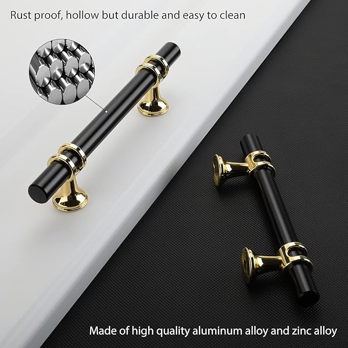 Rergy Cabinet Handles Drawer Pulls and Knobs, 10Pack Black and Gold 5inch Hole Center, Kitchen Hardware for Dresser Handle Zinc Alloy Furniture Pull