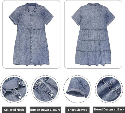 GRAPENT Denim Dress for Women Babydoll Tiered Short Sleeve Button Down Jean Shirt Dresses