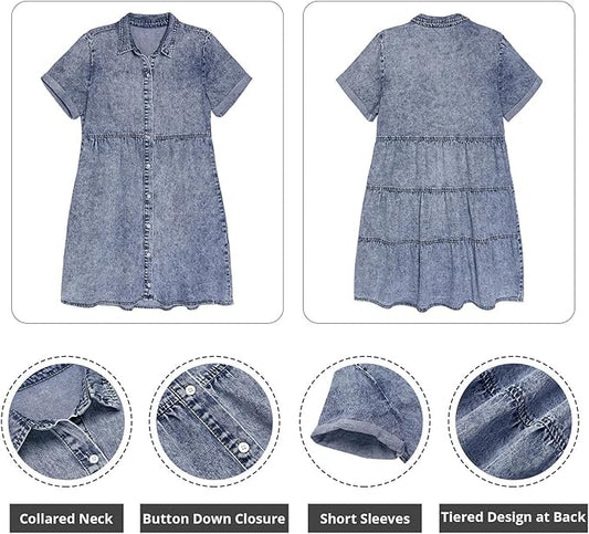 GRAPENT Denim Dress for Women Babydoll Tiered Short Sleeve Button Down Jean Shirt Dresses