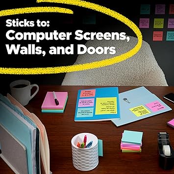 Post-it Super Sticky Notes, 3x3 in, 6 Pads, 2X The Sticking Power, Energy Boost Collection, Bright Colors (Orange, Pink, Blue, Green),Recyclable (654-6SSAU)
