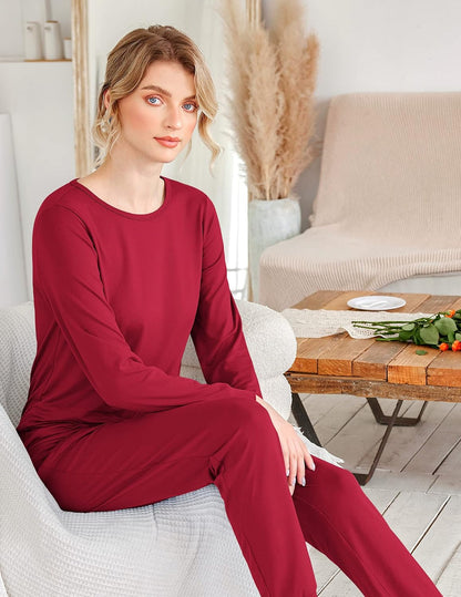 Womens Jogger Pajama Sets Long Sleeve Sleepwear Round Neck Nightwear Soft Pjs Lounge Sets with Pockets