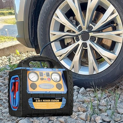 6-in-1 1800Amp Jump Starter with Air Compressor, 12V Car Battery Jumper 260PSI Tire Inflator, Portable Power Station 110V 400W Power Inverter USB DC AC Outlet, Auto Battery Booster Cables