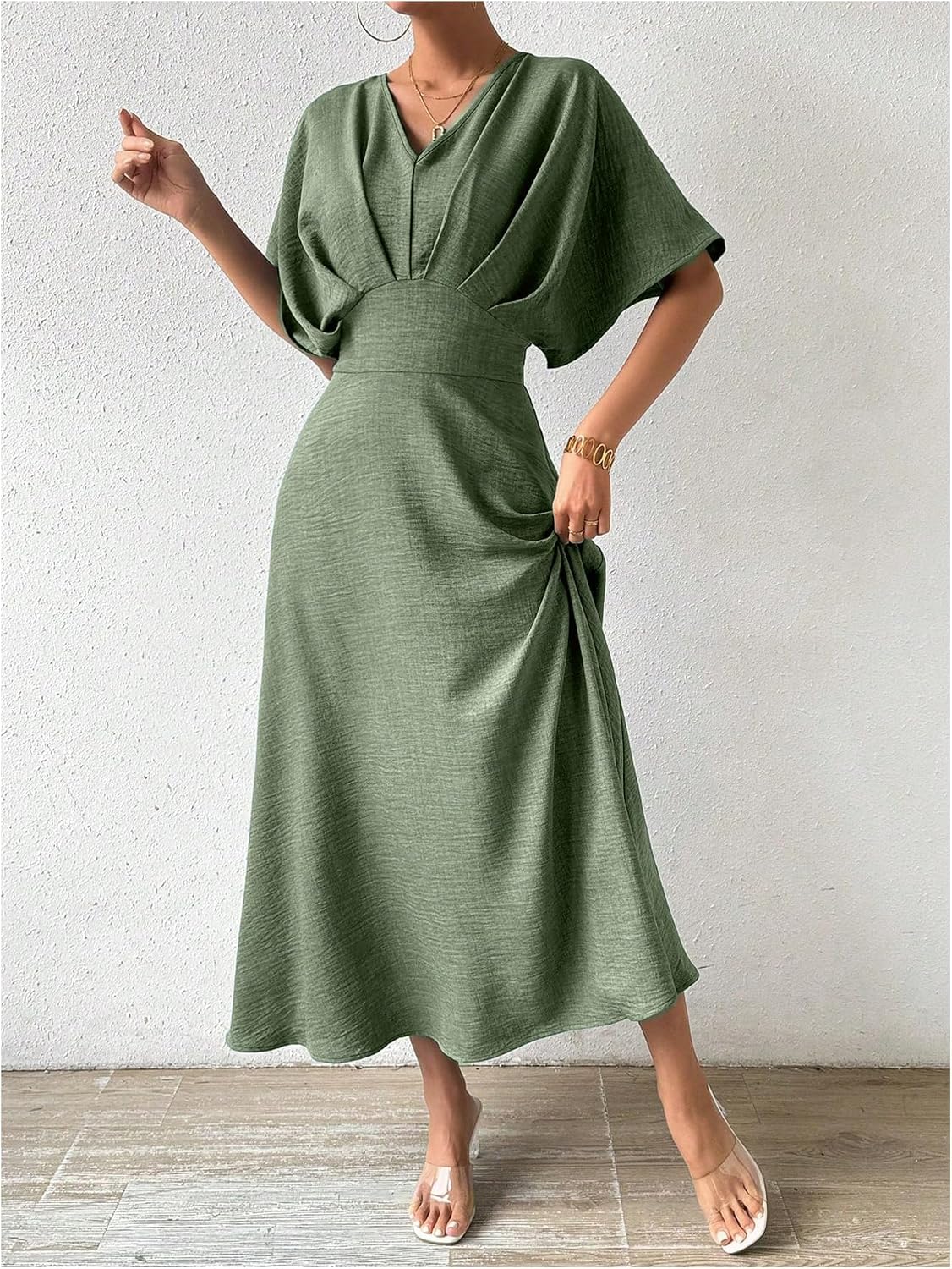 Small Not Medium Floerns Women's V Neck Half Sleeve Dress Pleated Ruffle A Line Elegant Maxi Dresses Green