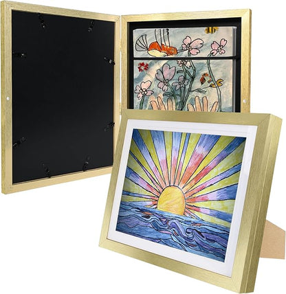 (1 Pack) Kids Artwork Frames Changeable 10x12.5 with Easel Stands, Hangers, Backboards, Shatterproof Plexiglass | 2 Mats Fit 9x12, 8.5x11, A4 Paper Sizes | Large and Easy-Access Kids Art Frame Display and Storage for up to 100 Sheets (Gold)
