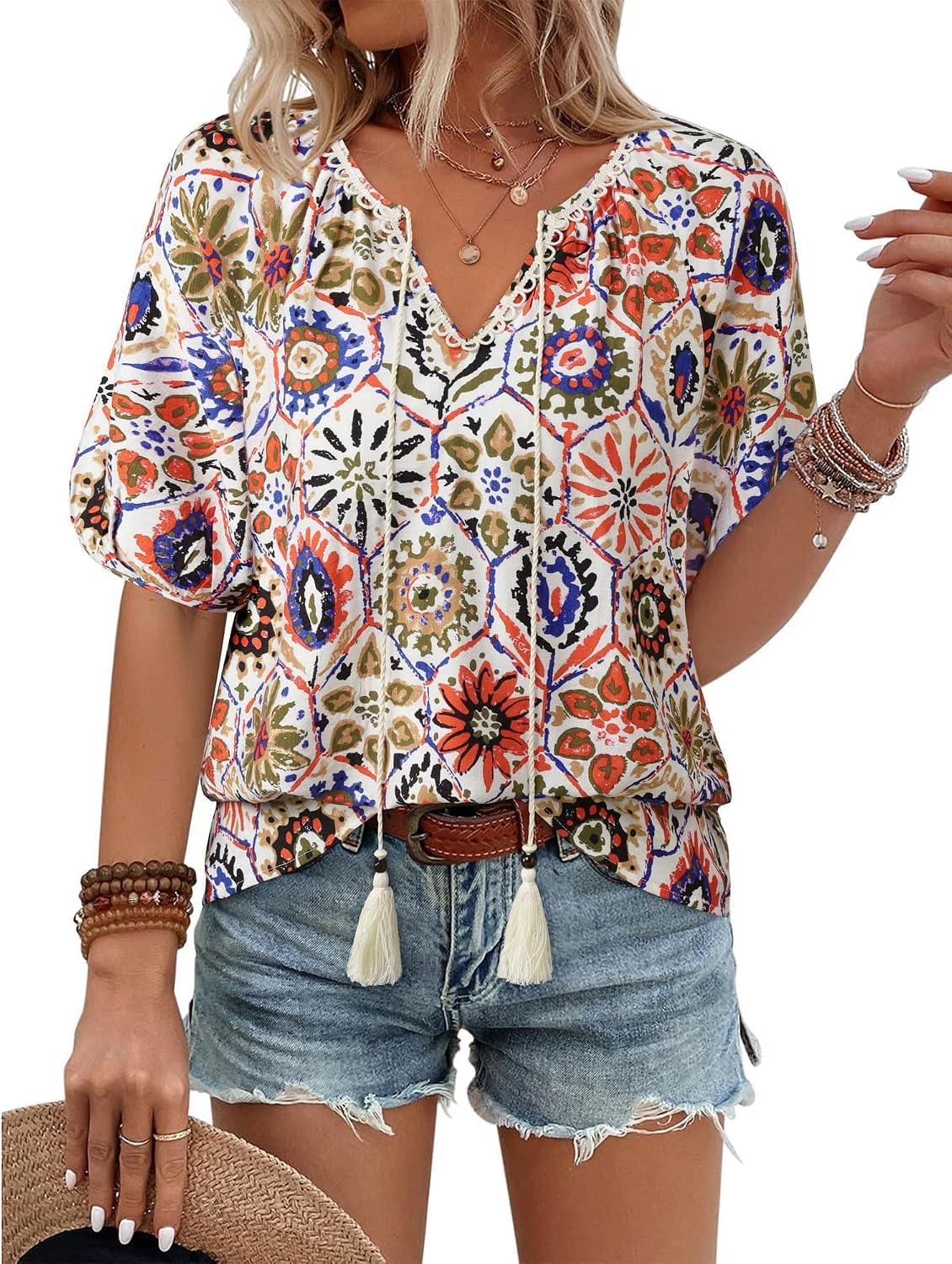 Vivilli Womens Summer Boho Tops Casual V Neck Short Sleeve Blouses Floral Print Shirt Tie Front Flowy Vacation Clothes .