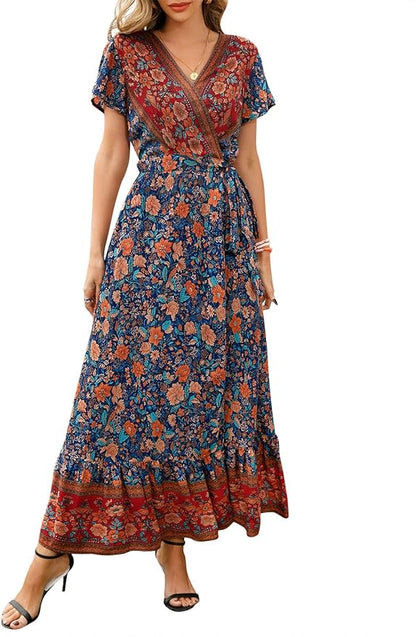 ZESICA Women's 2025 Bohemian Floral Printed Wrap V Neck Short Sleeve Split Beach Party Maxi Dress