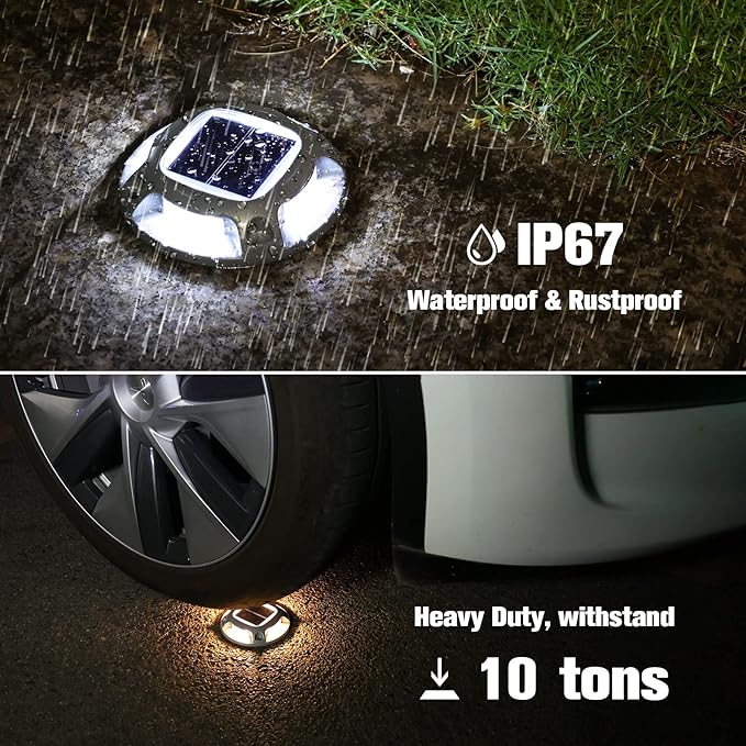 VOLISUN Solar Driveway Lights Dock Marine Lights 12 Pack,2 Colors in 1,Outdoor LED Deck Lights,Solar Powered Waterproof Warning Step Lights for Driveway Sidewalk Pathway (White/Warm White)