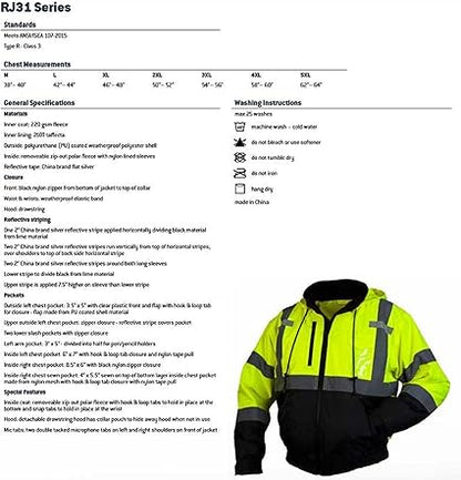 Pyramex RJ31 Series Waterproof Class 3 Fleece Bomber Safety Jacket, Lime, Large