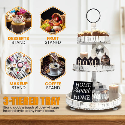 Adjustable 3 Tiered Tray Stand with Interchangeable Handles, White Farmhouse Tiered Tray Decorative Trays – 3 Tier Cupcake Stand - 3 Serving Tiered Decor for Cologne