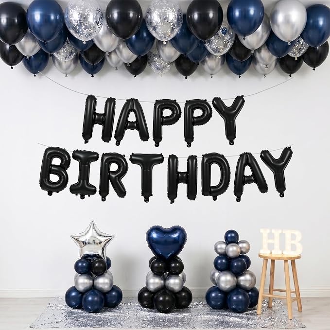 16 Inch Black Happy Birthday Balloons Banner Decorations for Men Reusable Foil Letter Birthday Sign Black Birthday Decoration for 16th 30th 50th 60th Boys Adults and Halloween Birthday Party