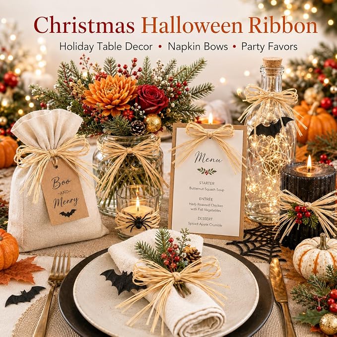 Sukh 6PCS Natural Raffia Ribbon - Raffia Yarn for Gift Wrapping & Crafts Rafia Grass Twine String Wrap, Christmas Halloween Ribbon for Thanksgiving, Easter, Birthday Gift Box, Florist Bouquets