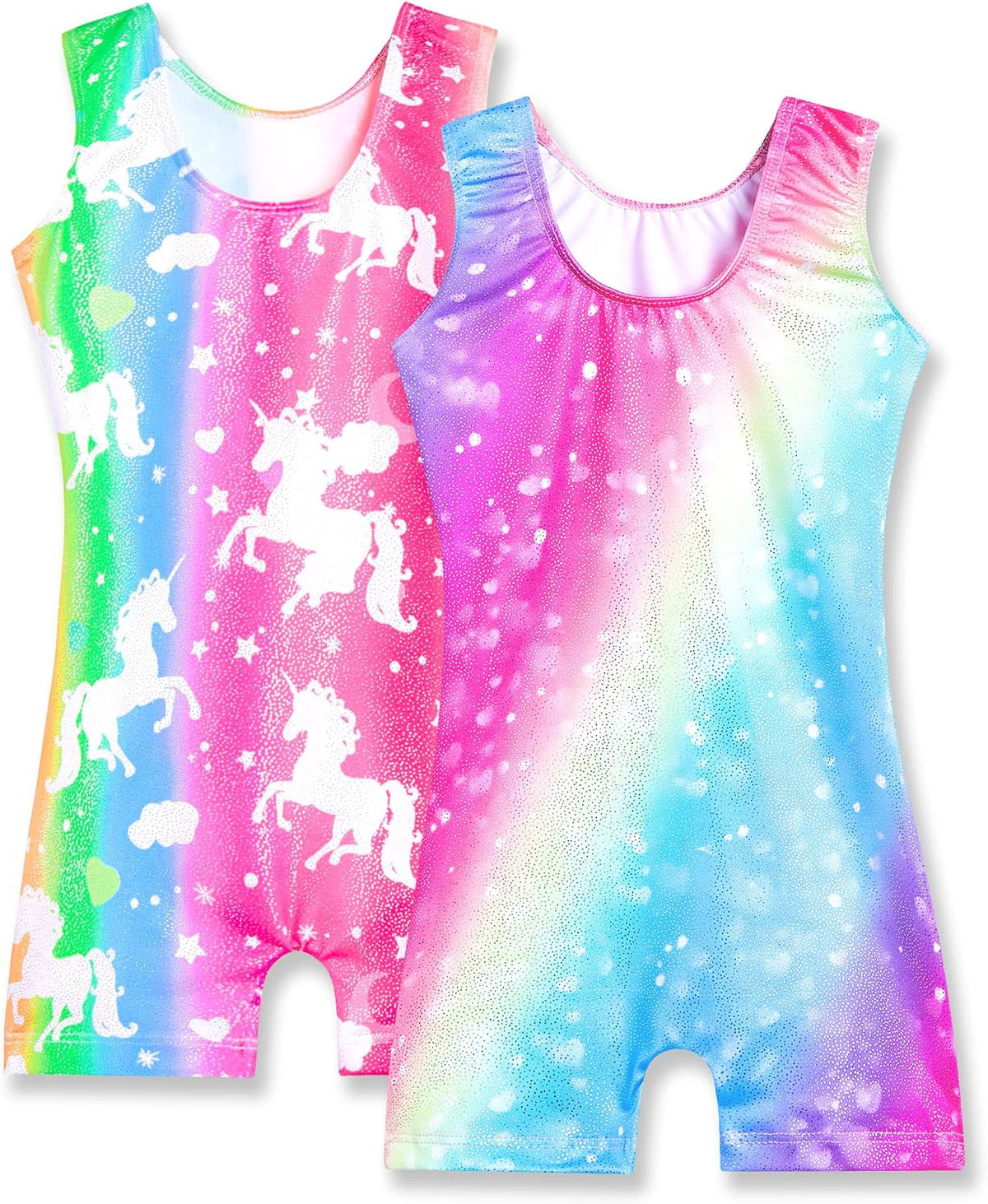 Soft, stretchy gymnastics leotards for girls in 2-pack with unicorn, rainbow, and fun designs for dance, gymnastics, or play.