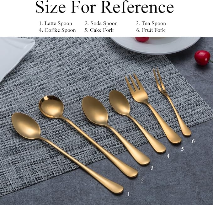 Berglander Stainless Steel Titanium Gold Plated Long Handle Mixing and Stirring Spoons - Pack of 6