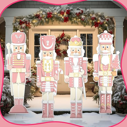 Geetery 4 Pcs Large Christmas Nutcracker Yard Sign with 16 Stakes Christmas Yard Decorations Outdoor Holiday Xmas Nutcracker Cute Christmas Outside Lawn Decor for Garden Pathway Party (Pink)