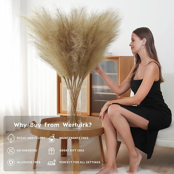 8 Pcs 45 inch Tall Faux Pampas Grass Decor, Large Artificial Brown Pompous Grass Bulk, Long Fake Pompas for Floor Vase Filler, Wedding, Baby Shower, Home and Boho Decor (Brown)