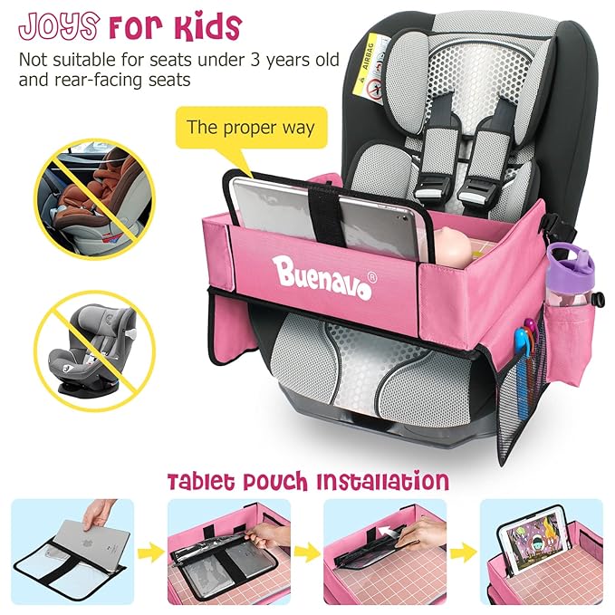 BUENAVO New Version Car Seat Organizer Kids Travel Tray for Kids Toddlers Activities in Car Seat, Stroller, Airplane  Waterproof Dry Erase Top  Side Pocket  Water Bottle Holder