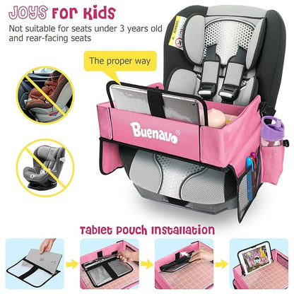 BUENAVO New Version Car Seat Organizer Kids Travel Tray for Kids Toddlers Activities in Car Seat, Stroller, Airplane  Waterproof Dry Erase Top  Side Pocket  Water Bottle Holder