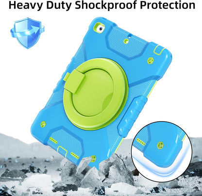 Case for iPad 6th/5th Generation 9.7 inch 2018/2017 Case, iPad Air 2/Pro 9.7 inch Heavy Duty Protective Cover with 360° Rotate Handle Stand, Pencil Holder, Shoulder Strap (Blue+Green)