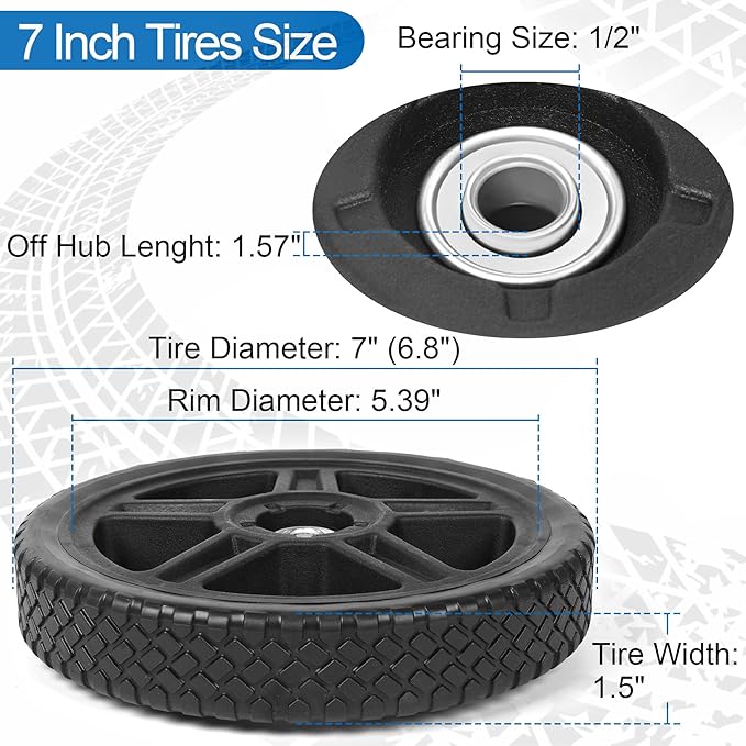 7 Inch Lawn Mower Wheels Kits Universal 7" Push Mower Wheels with 12" Bearing, Bolts  Nuts, Plastic Replacement Tires for Most Standard Garden Tiller, Pressure Washer, Handtruck, 2 Pack