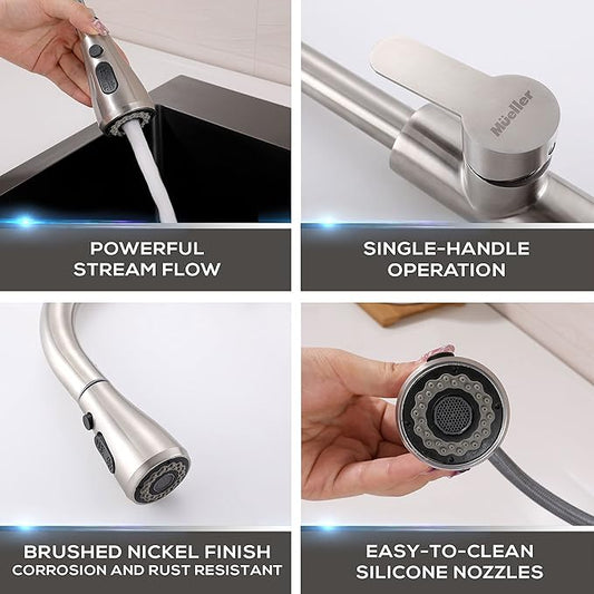 Mueller Single Handle Stainless Steel Kitchen Sink Faucet, High Arc, Single Lever, Pull-Out Sprayer Head, Stream Flow, Powerful Spray Kitchen Sink, with Deck Plate Brushed Nickel Finish