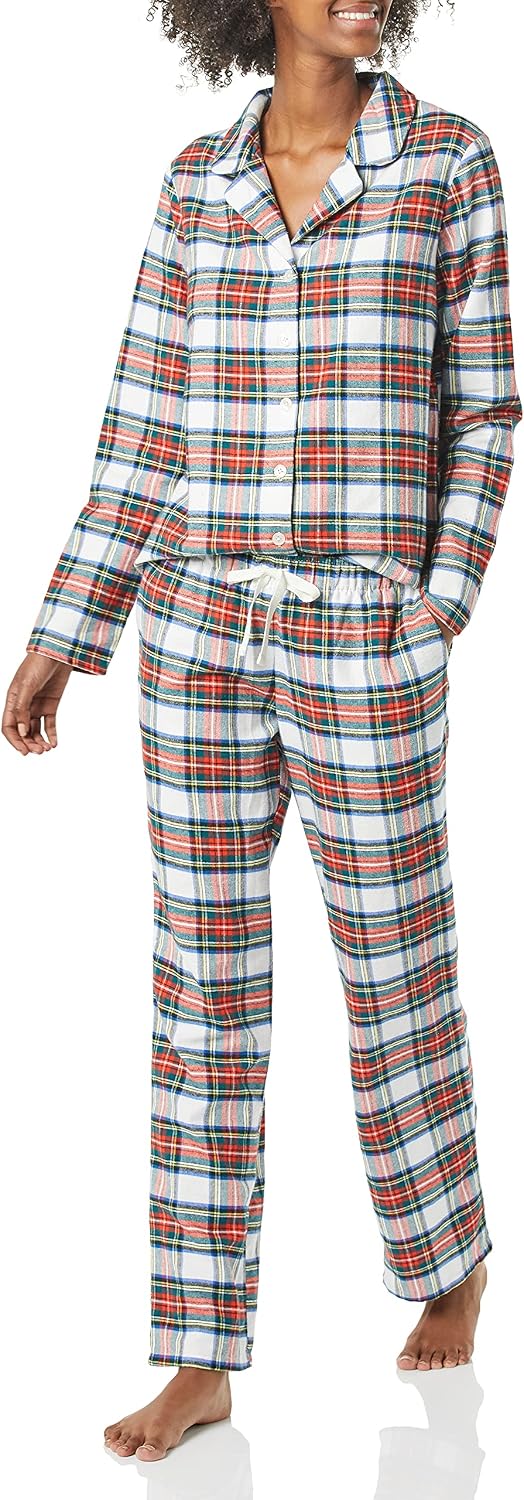 Essentials Women's Flannel Long-Sleeve Button Front Shirt and Pant Pajama Set.