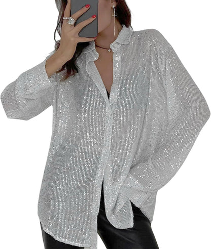 MINTLIMIT Women's Sequin Shirt Open Front Long Sleeve Collared Shirt Loose Blouses Glitter Button Down Shirt Tops