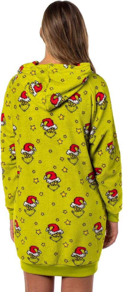Large Size, MJC Dr. Seuss The Grinch Women's Pullover Hooded Plush Fleece Adult Pajama Dorm Sleep Shirt With Knee High Socks.