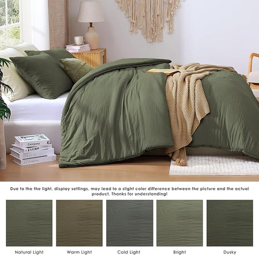 WRENSONGE Queen Comforter Set - 3 Pieces Olive Green Comforter Prewashed Soft Lightweight for All Seasons,Fluffy Down Alternative Comforters Queen Size with 2 Pillow Shams