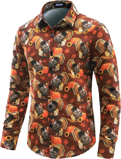 JOTOOK Mens Christmas Shirts Funny Turkey Thanksgiving Shirts Santa Claus Long Sleeve Button Down Shirt