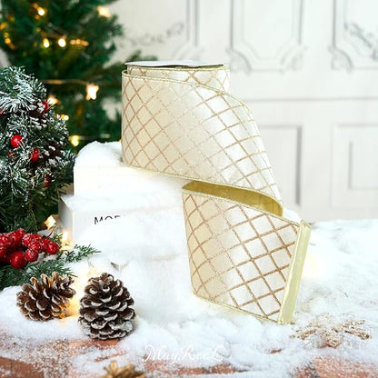 MAYREEL 4 Inch Ivory and Gold Velvet Wired Ribbon Metallic Diamond Glitter Grid for Christmas Gift Wrapping Floral Craft Bows Wreaths Garland Wedding Holiday Decor 10 Yards