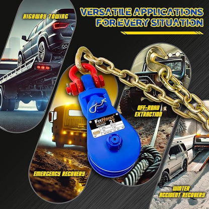 2 Ton Snatch Block with G80 Chain | 3'' Sheave for 3/8" Inch Wire Rope | Pulley Block with Shackle for Heavy Duty Towing and Recovery Equipment | Tow Truck Rollback Wrecker Car Hauler Winch