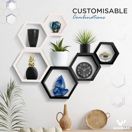 Set of 3 Pine Wood Hexagon Shelves for Wall Decor - Farmhouse Honeycomb Shelves for Living Room Decor, Kitchen Storage, Mounted Storage for Living Room, Kitchen - Durable, Stylish  Versatile