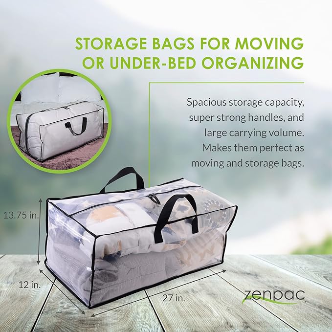 ZENPAC Large Blanket Storage with Handles, Zippered Clear Bags, Heavy Duty, Waterproof for Packing Clothes, Linens, Comforters, 27x12x13.75 3 Pack