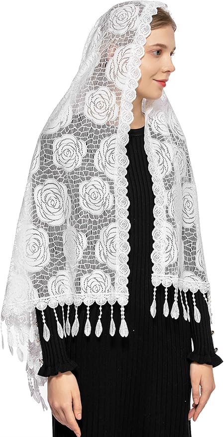 Wgior Rose Rectangular Chapel Veil Scarf Catholic Church Veils Mantilla Wrap Shawl Mass Head Covering