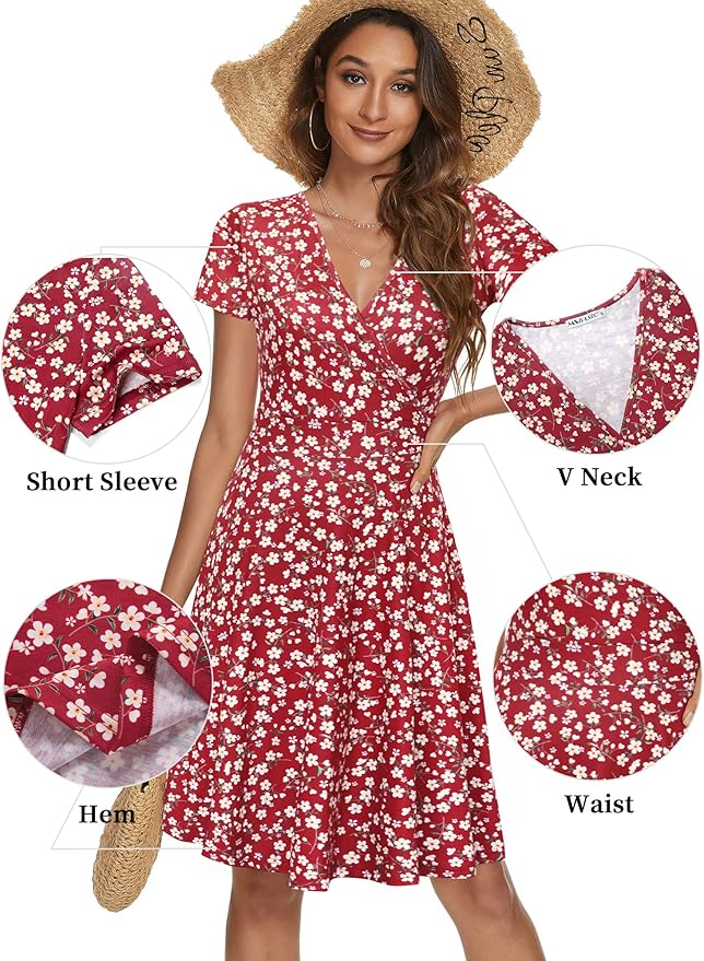 MSBASIC Womens Summer Wrap V Neck Casual Dresses Floral Short Sleeve A-Line Midi Sundress