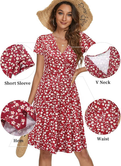 MSBASIC Womens Summer Wrap V Neck Casual Dresses Floral Short Sleeve A-Line Midi Sundress