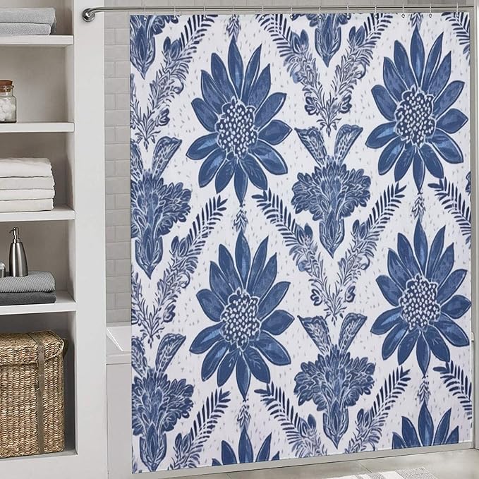 Curtain Shower Indigo Blue Trellis Bathroom Shower Curtain for Bathroom Decor Accessories Chinoiserie Polyester Fabric Curtain Bathroom Decoration 72" x 72" Machine Washable with Hooks