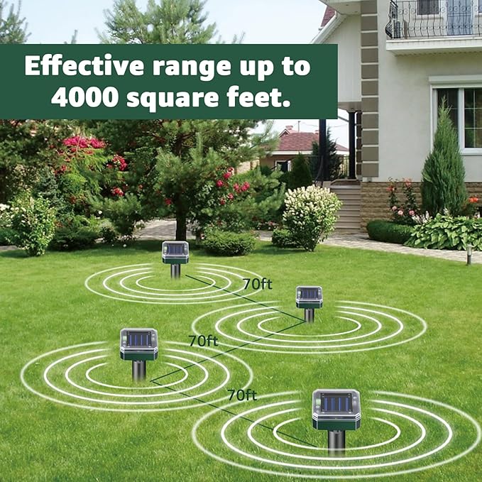 Mole Repellent Solar Powered-Waterproof Vole Chipmunk Repellent Outdoor Ultrasonic Mole Repeller Vole Vibration Stakes for Yard Mole Deterrent Spike for Chipmunk Groundhog Snake Rodent(4pack)